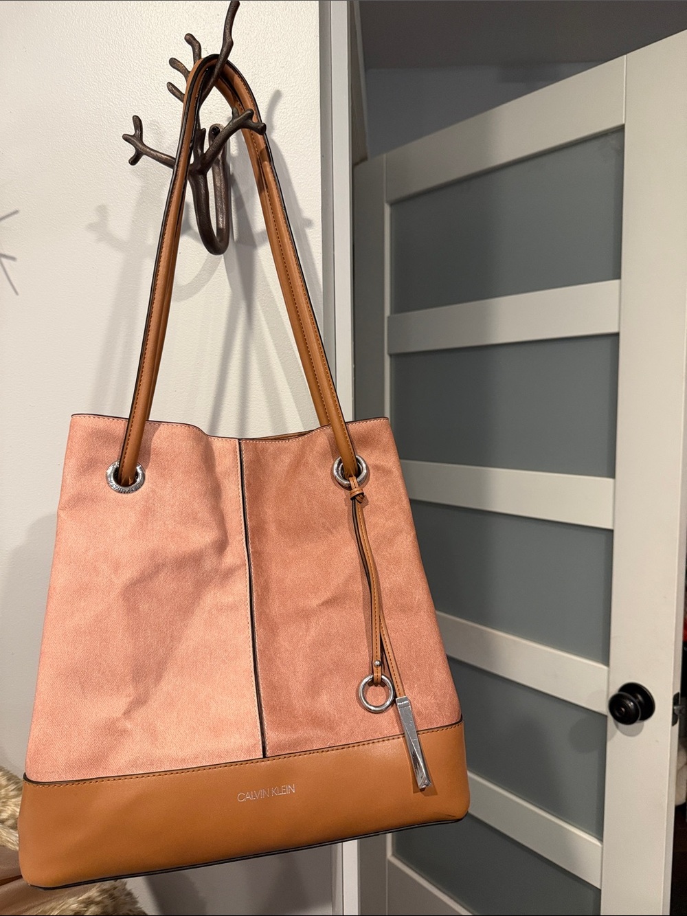 Calvin Klein Pink and Tan Suede-Style Shoulder Tote